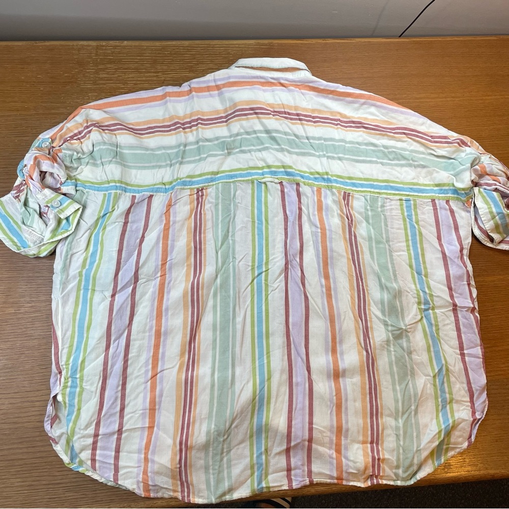 American Eagle Oversized Shirt Women's M Pastel Stripes Button Down Roll Sleeve - Picture 8 of 13